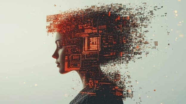 Woman's face is slowly dissolving into digital noise made of data and pixels, symbolizing concepts like artificial intelligence and singularity