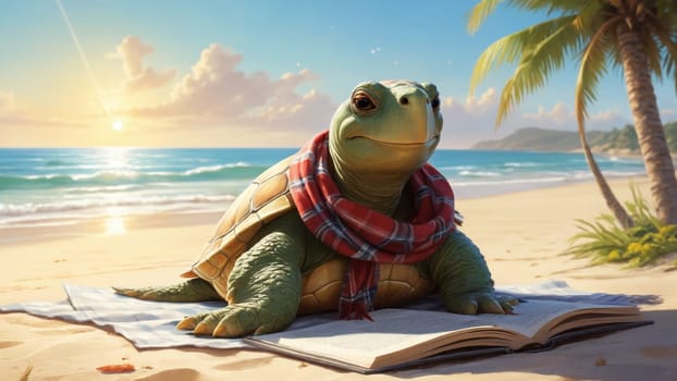 The tranquil beach setting features a turtle draped in a cozy plaid, absorbed in an open book amidst gentle waves and twilight colors, embodying relaxation and knowledge.