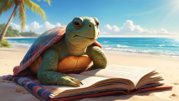 A charming turtle relaxes on a colorful blanket, engrossed in a book while the waves gently lap at the shore. The setting sun casts a warm glow over the serene beach landscape.