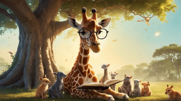 In a sunlit clearing, a giraffe with glasses sits reading a book, surrounded by curious forest animals. The atmosphere is filled with wonder as each creature listens intently.