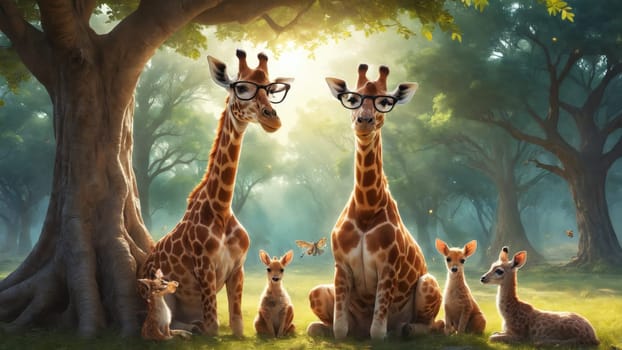 A group of playful giraffes relaxes in the shade of a large tree with golden sunlight filtering through leaves. Nearby, various animals enjoy the tranquil atmosphere of the African savanna.