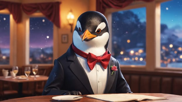 In a sophisticated restaurant, a well-dressed penguin sits at a table, surrounded by patrons. The warm sunset casts a golden glow, enhancing the cozy, upscale ambiance.