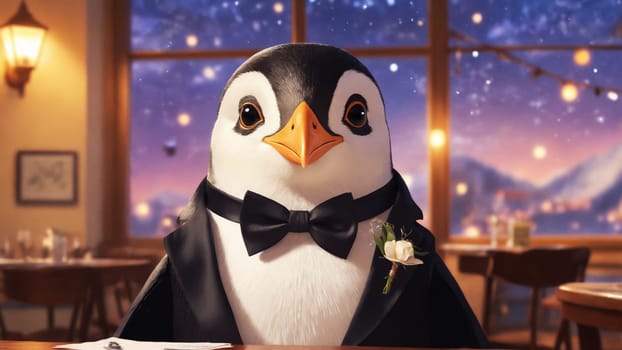 A charming penguin dressed in a tuxedo sits confidently at a beautifully set table, surrounded by diners in a luxurious dining room bathed in warm light.