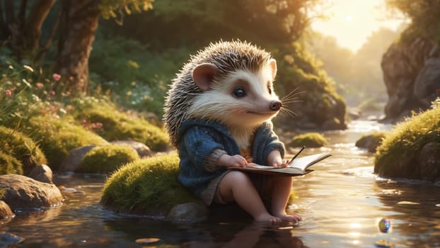 In a tranquil forest by a gentle stream, a whimsical hedgehog in a cozy orange sweater enjoys reading a book, surrounded by lush greenery and sparkling water droplets.