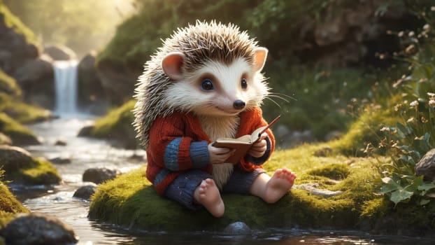 A delightful hedgehog, clad in a knitted sweater, sits on a mossy rock while reading a book by a sunlit stream. The tranquil setting is enhanced by the soft glow of morning light and lush greenery.
