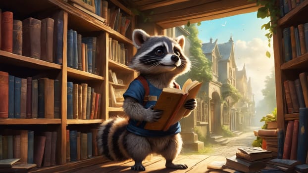 A delightful raccoon stands in a cozy library, holding an open book while surrounded by towering shelves filled with literature. Sunlight streams through a doorway, illuminating the scene.