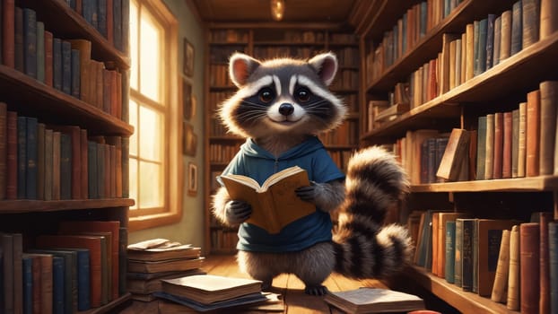 In the cozy setting of a sunlit library, a raccoon wearing a colorful shirt curiously gazes at the shelves filled with books, evoking a sense of wonder and adventure.