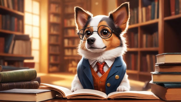 In a warm library illuminated by soft sunlight, a charming dog wearing glasses and a suit sits at a desk, attentively reading an open book surrounded by shelves of literature.