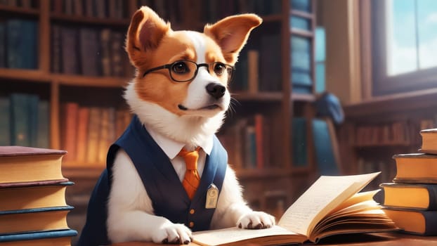 In a warm library illuminated by soft sunlight, a charming dog wearing glasses and a suit sits at a desk, attentively reading an open book surrounded by shelves of literature.