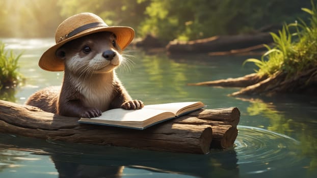 Nestled on a log in the tranquil river, an inquisitive otter dons a sun hat while gazing at an open book. The warm glow of sunset creates a magical atmosphere, surrounded by lush greenery.