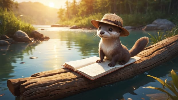 An adorable otter, donning a straw hat, sits on a log by a tranquil river, engrossed in a book as the sun sets, casting warm light over the landscape and reflecting on the water.