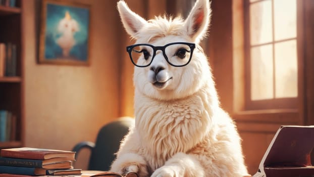 In a charming library, a llama wearing glasses holds an open book, radiating wisdom. The warm atmosphere is enhanced by wooden shelves packed with books, creating an inviting space for reading.
