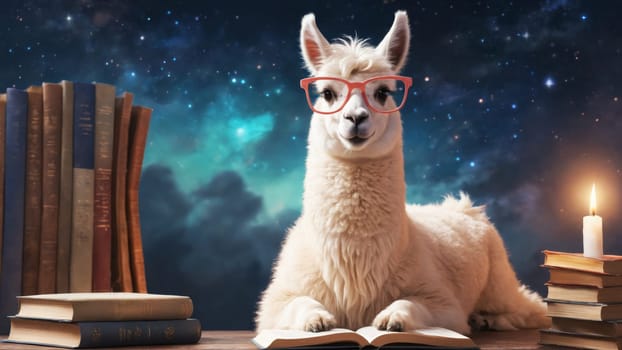A whimsical llama, wearing glasses, is engrossed in a book while surrounded by candlelight. The backdrop features a mystical castle and a stunning night sky full of stars and planets.