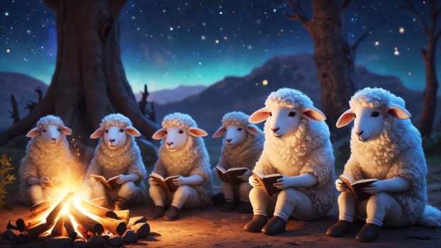 A group of sheep cozy up near a crackling campfire, one reading from a book while others listen intently, surrounded by serene nature and twinkling stars above.