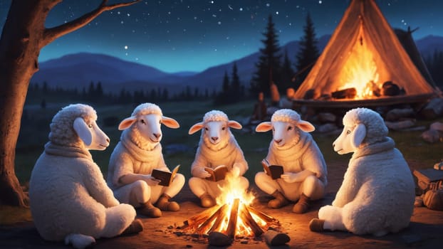 A group of sheep sits in a circle by a warm campfire, reading books while the starry sky glimmers above. The peaceful mountains provide a stunning backdrop to their cozy gathering at dusk.