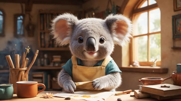 In a charming woodland workshop, a joyful koala dons an apron while crafting by candlelight. Tools surround it, capturing the warmth of creativity in the tranquil twilight glow.
