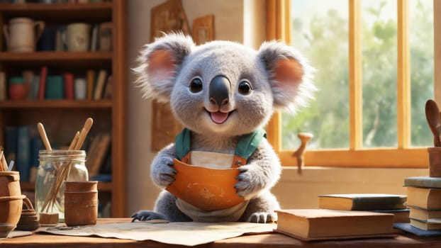 A delightful koala character joyfully prepares a recipe in a warm, inviting kitchen. Sunlight streams through the window, illuminating the various cooking tools and books around.