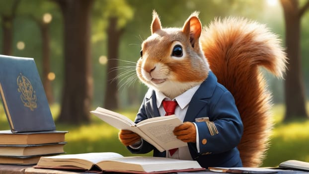 A well-dressed squirrel stands confidently with a book in its paws, surrounded by a vibrant park filled with people enjoying a sunny day, highlighting the joy of reading and imagination.
