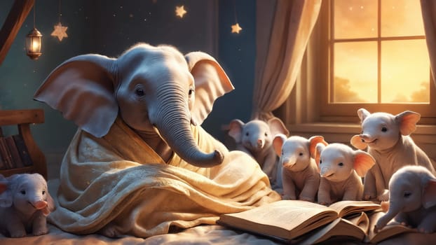 Beneath a twinkling celestial canopy, a wise elephant gently reads stories to a group of eager young elephants, all snuggled together in warmth and wonder, surrounded by moonlit tranquility.