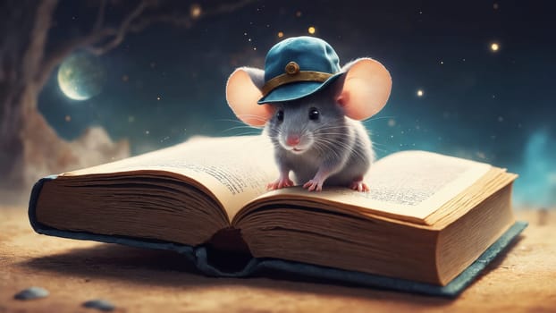 Under a mystical night sky, a curious mouse wearing a cap stands atop an open book, surrounded by twinkling stars. Imagination and adventure come alive in this enchanting moment.