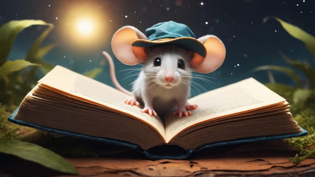 In a magical twilight realm, a little mouse dons a playful hat, standing atop an open storybook amidst vibrant greenery, gazing at a twinkling sky rich with stars and a glowing sun.