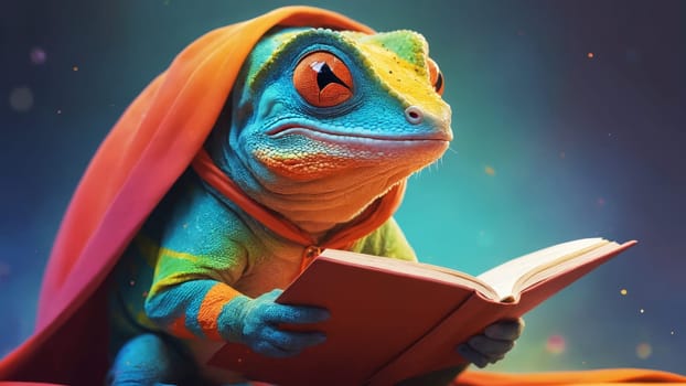 In a vibrant sunset, a whimsical creature wearing a cape attentively reads a book, surrounded by stunning mountains and enchanting scenery, evoking a sense of adventure and curiosity.