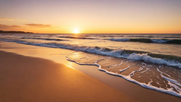 As the sun dips below the horizon, golden hues illuminate the tranquil beach, where gentle waves lap against the shore, creating a peaceful, soothing atmosphere at dusk.