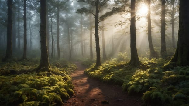 As morning light breaks through the mist, a serene woodland reveals a winding path adorned with vibrant ferns. The atmosphere is enchanting, inviting exploration and tranquility.