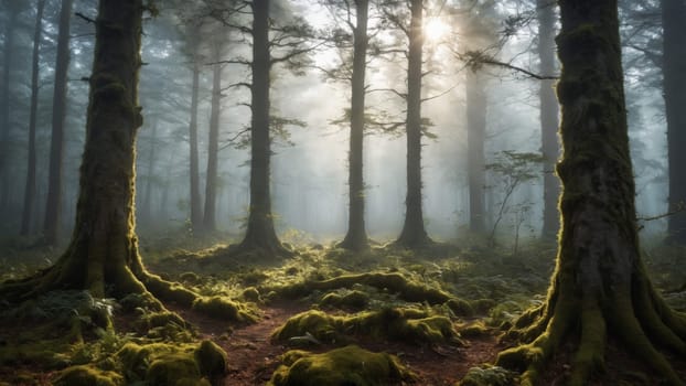 Morning light filters through towering trees, illuminating a tranquil forest shrouded in mist. Lush moss blankets the ground, creating a magical atmosphere in the early hours.