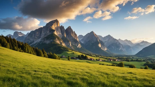 Golden sunlight bathes the towering mountains as clouds drift lazily across the sky, illuminating the verdant hills and valleys below, showcasing a stunning natural paradise in the evening light.