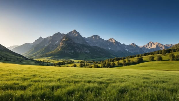 As dawn breaks, the sun casts a golden glow over a picturesque landscape where towering mountains meet vibrant green meadows, creating a breathtaking view of nature’s beauty.