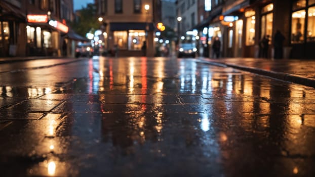 Raindrops create a shimmering reflection on the cobblestones as streetlights illuminate the vibrant shops and cafes, capturing the energy of the bustling atmosphere during a rainy evening.