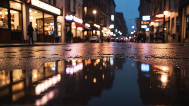 Raindrops create a shimmering mirror on the pavement as twilight descends on a lively urban area, blurred figures wander amidst glowing shop signs and cozy cafes.