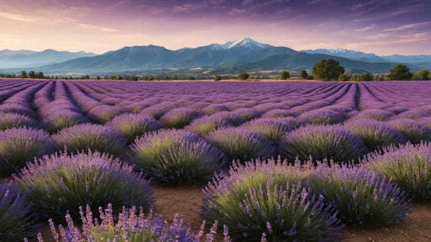 A breathtaking view reveals vast lavender fields in full bloom, with the mountains silhouetted against a colorful sunset. The scene captures the tranquility and beauty of nature.