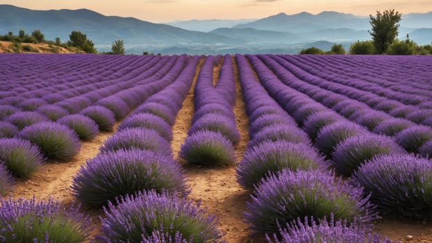 Rows of vibrant lavender flowers stretch endlessly across the field, illuminated by a soft sunset glow, embodying tranquility and natural beauty in the countryside.