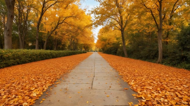 A serene walkway stretches ahead, surrounded by vibrant trees adorned with golden foliage. Leaves blanket the path, creating a picturesque environment perfect for leisurely evening walks.