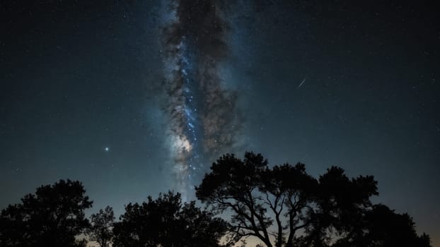 A stunning display of the Milky Way stretches across the night sky, illuminating the tranquil scene below. Silhouetted trees frame the celestial wonder, creating a peaceful atmosphere.