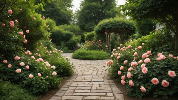 A peaceful garden pathway meanders through lush greenery, vibrant pink roses in full bloom. The sun casts a warm glow, enhancing the serene atmosphere of this enchanting outdoor retreat.