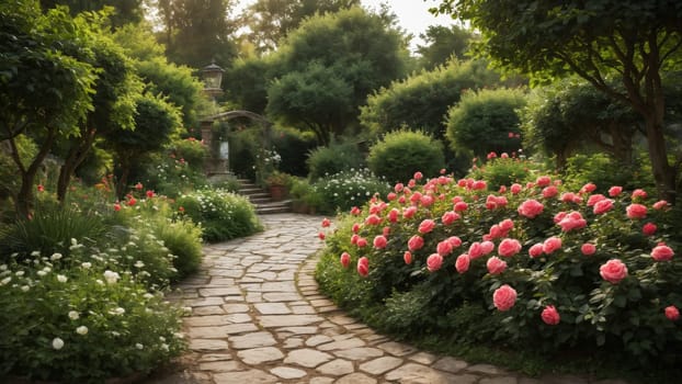 Winding through a tranquil garden, a stone pathway is lined with blooming roses and rich foliage, capturing the essence of nature's beauty during the magical light of sunset.