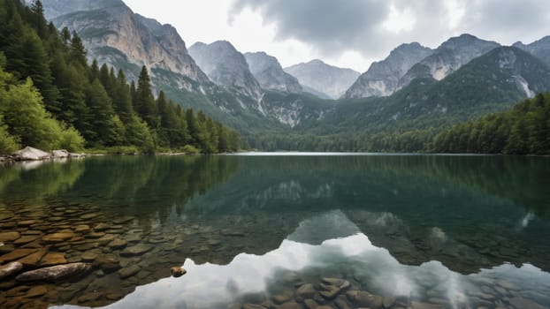 A pristine lake nestled among majestic mountains, its calm waters mirror the surrounding peaks and cloudy sky, creating a tranquil atmosphere perfect for nature lovers and adventurers.