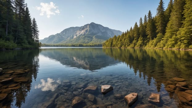 A breathtaking view of a serene lake mirrors the towering mountains and dense evergreen forest, casting a tranquil scene filled with natural beauty in the bright daylight.