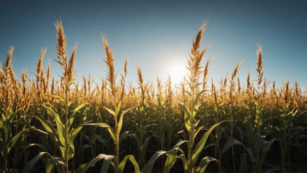 Tall stalks of golden corn sway gently under a clear sky as the sun rises, casting a warm glow over the expansive field, showcasing the richness of nature’s bounty.