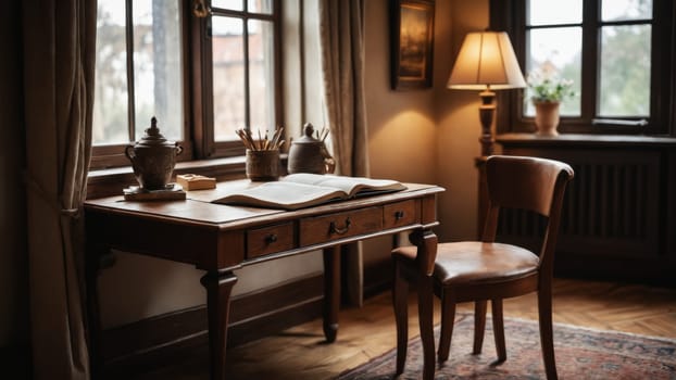 Soft light filters through the windows, illuminating a warm wooden desk accompanied by a chair, an open book, and rustic decor, creating a peaceful space perfect for reading or writing.