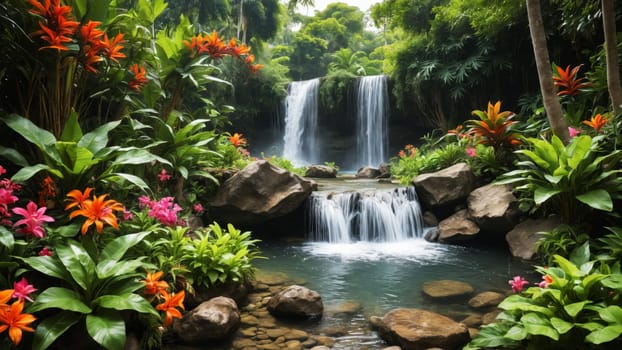 In the heart of a vibrant tropical garden, water cascades gracefully over rocks while colorful flowers bloom around the tranquil pool, creating a serene and peaceful atmosphere.