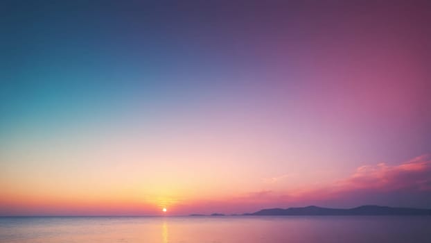 As the sun dips below the horizon, the sky transforms into a breathtaking palette of orange, pink, and purple hues, casting a peaceful glow over the serene waters and distant islands.
