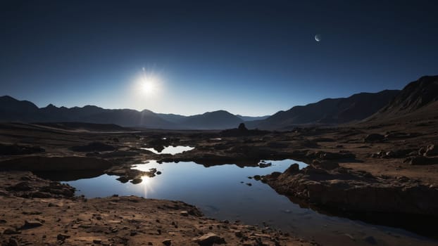 As dusk settles over the rugged mountains, the soft glow of the moon illuminates a still lake, creating a serene reflection amidst the tranquil wilderness. The sky sparkles with stars.