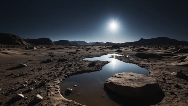 The luminous full moon casts a silvery glow over a vast desert, revealing rolling dunes and distant mountain silhouettes. Stars twinkle in the clear night sky, enhancing the serene atmosphere.