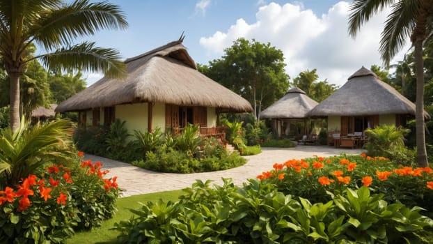 Nestled in lush greenery, quaint thatched-roof bungalows invite relaxation, framed by colorful flowers and palm trees under a sunny sky. A perfect getaway in paradise awaits.
