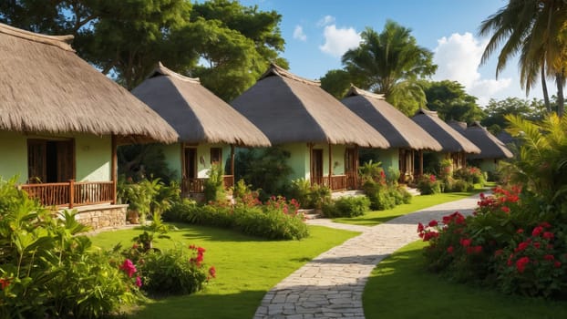 Nestled in lush greenery, quaint thatched-roof bungalows invite relaxation, framed by colorful flowers and palm trees under a sunny sky. A perfect getaway in paradise awaits.