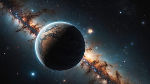 In the depths of space, a captivating planet floats alongside a mesmerizing galaxy, illuminated by starlight. The vastness evokes a sense of wonder and exploration in the cosmic twilight.